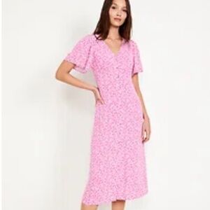 Waist-Defined Midi Dress Pink Floral